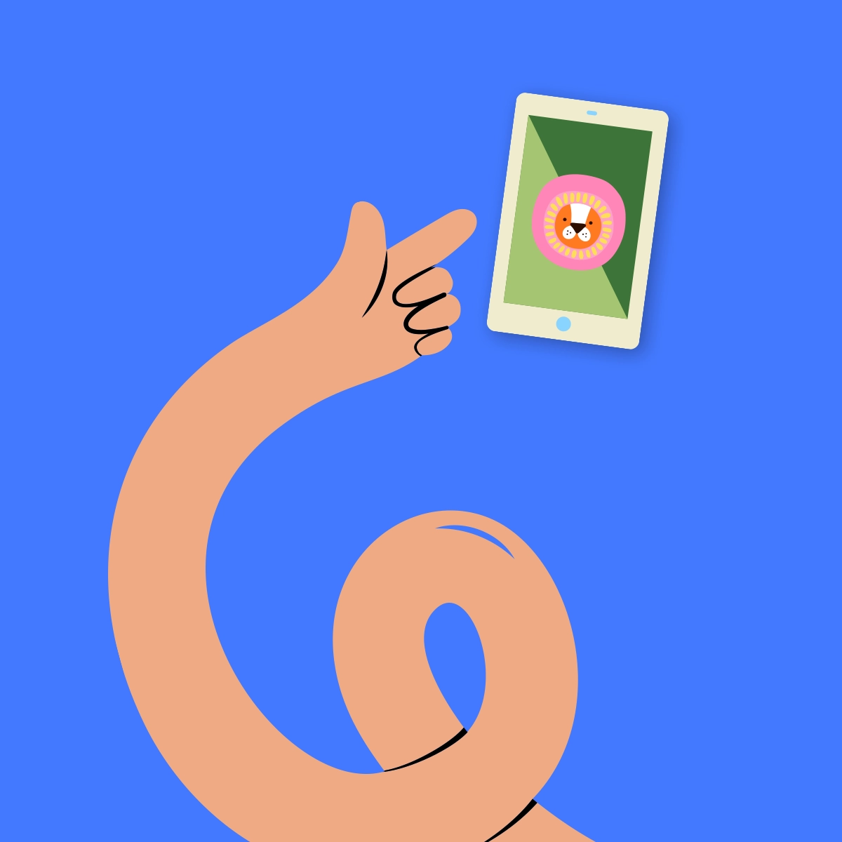 Stylised illustration of a looping arm and hand reaching toward a smartphone on a blue background, with a cartoon lion face displayed on the screen.