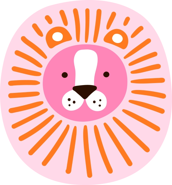 Cute stylised lion face illustration in pink, with orange mane lines and a small black nose.